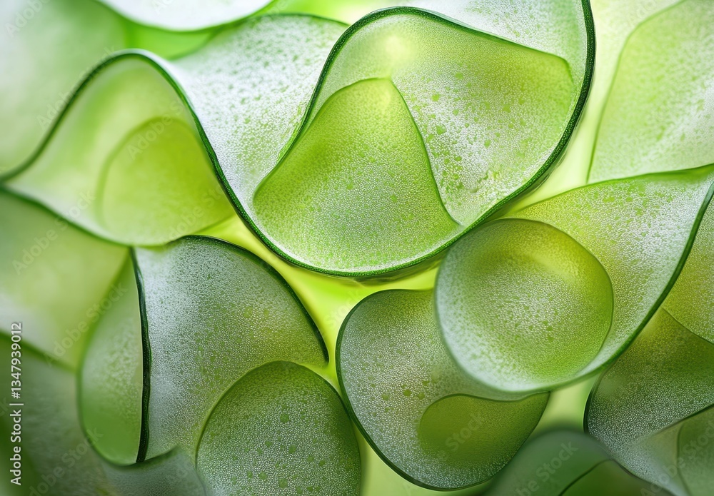 Poster close-up view of abstract green curved shapes with soft textures and light reflections for nature an