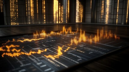 A futuristic setting with dark wooden floo features an interactive glowing display showcasing dynamic orange data streams resembling a stock market graph