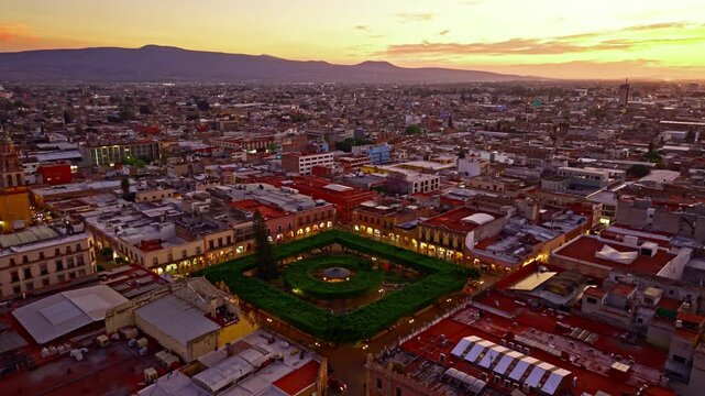 Plaza in Celaya at Sunset - Aerial - Shot Moves Outwards