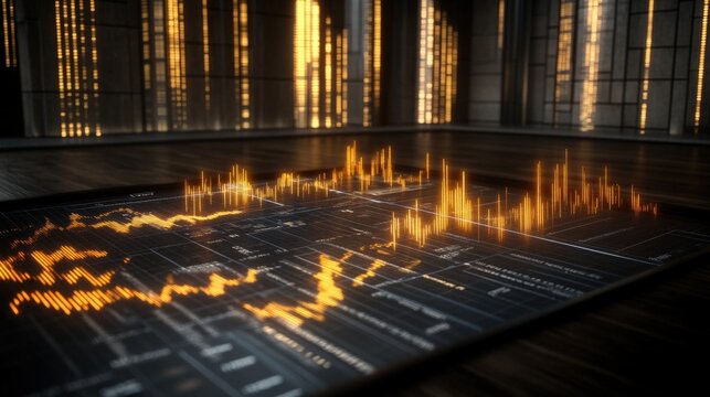 A futuristic setting with dark wooden floo features an interactive glowing display showcasing dynamic orange data streams resembling a stock market graph