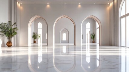 Elegant White Room With Archways And Sunlight