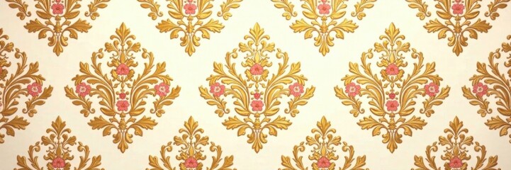 Damask pattern with gold and red florals on a cream background, wallpaper, classic