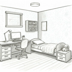 sketch of a bedroom with a desk and bed