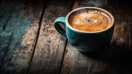 A freshly brewed cup of coffee with visible steam rising, resting on a simple wooden table.