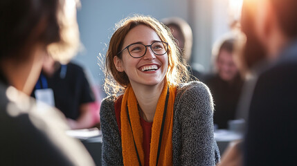 Close up picture of a happy and laughing staff or participant people group listening to a startup business owner at a trade show exhibition event