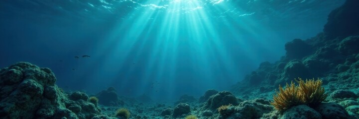 Obraz premium Dark blue ocean surface with scattered seaweed and small fish swimming slowly below the surface, sea, underwater scene