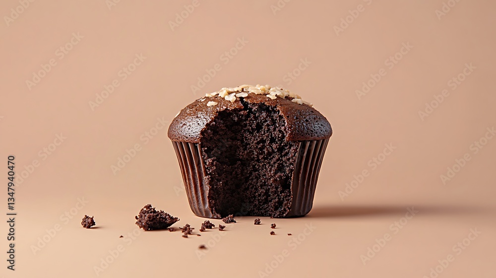 Poster delicious chocolate muffin with a bite missing, positioned on the right and a blurred background on 
