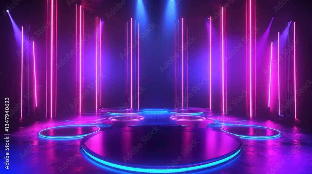 Poster a glowing music event stage with rotating neon disks.