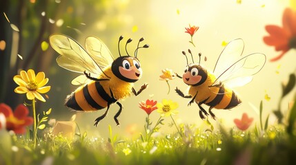Playful bees dancing among wildflowers enchanted meadow animation bright and lively whimsical concept