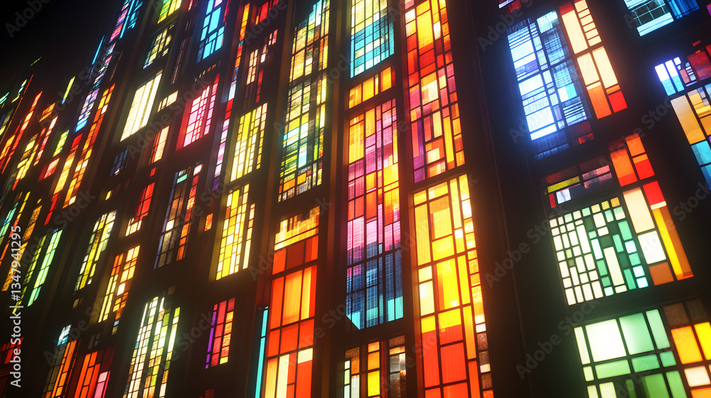 Poster vibrant, multicolored stained glass windows illuminate a building at night. the geometric patterns a