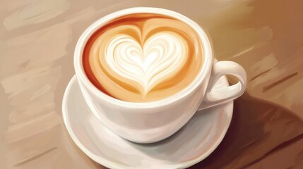 A fresh latte with a perfect heart-shaped foam art in a ceramic mug placed on a rustic table.