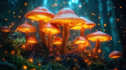 Fototapeta premium Glowing mushrooms in a mystical forest