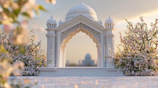 Ornate White Archway Framed by Blossoming Trees