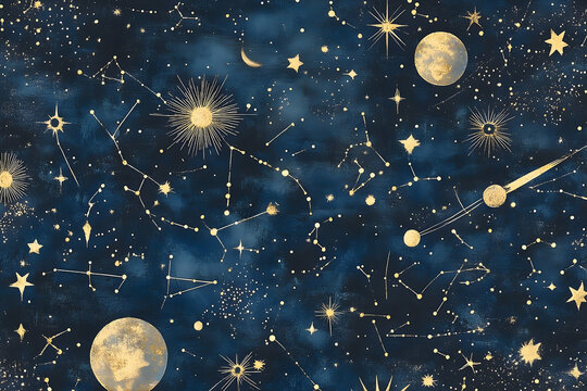 Enchanting Celestial Map, Golden Constellations, Moons and Stars on Night Sky