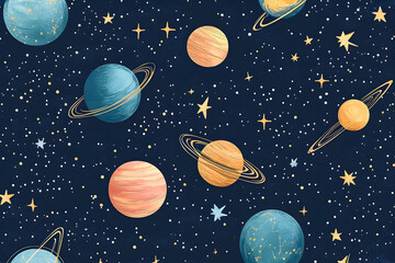 Fototapeta premium Hand drawn galaxy planets with rings stars seamless pattern design