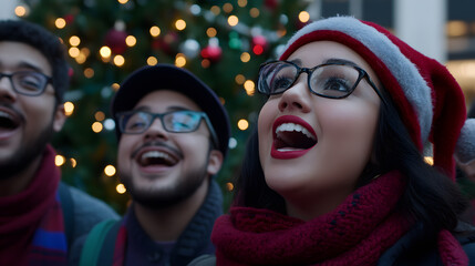 Obraz premium Three friends look up in awe at a brightly lit Christmas tree, their joyful expressions captured in a heartwarming moment during the holiday season.