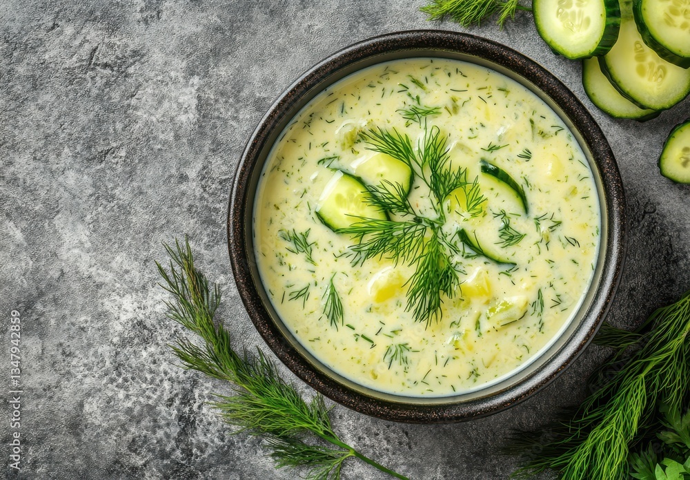 Poster creamy cucumber soup with fresh dill garnished in a dark bowl on a textured gray backdrop alongside 