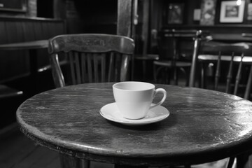 A Lonely Coffee Cup on a Rustic Table in a Vintage Caf&eacute; Setting