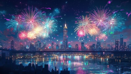 Colorful Fireworks over City Skyline at Night