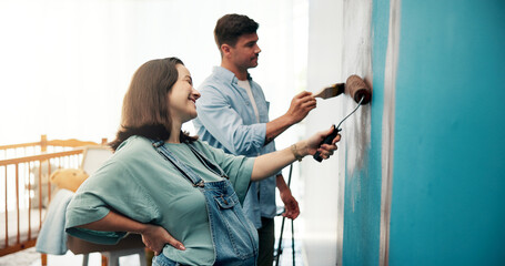 DIY, wall and couple painting with pregnancy for interior design, planning and renovation in new...