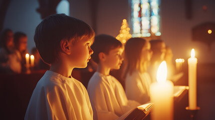 Obraz premium Children in white robes sing in a dimly lit church, candlelight illuminating their faces and hymnals. A peaceful and reverent Christmas scene.