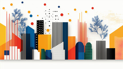 Fototapeta premium Abstract Cityscape: A vibrant, graphic depiction of a cityscape with geometric shapes, colorful elements, and artistic details, creating a modern and imaginative urban environment.