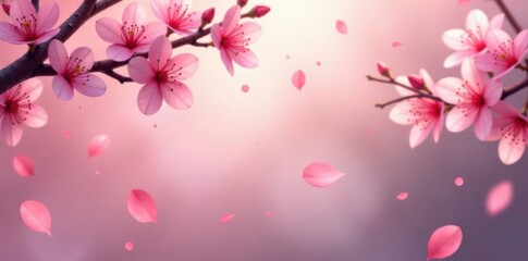 Delicate abstract pink sakura petals falling in a mesmerizing gradient background with subtle textures and earthy tones, petal, season, abstract