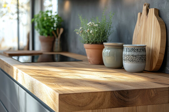 Wooden cutting board on kitchen counter amid scattered vegetables, knife, and cooking utensils. - Powered by Adobe