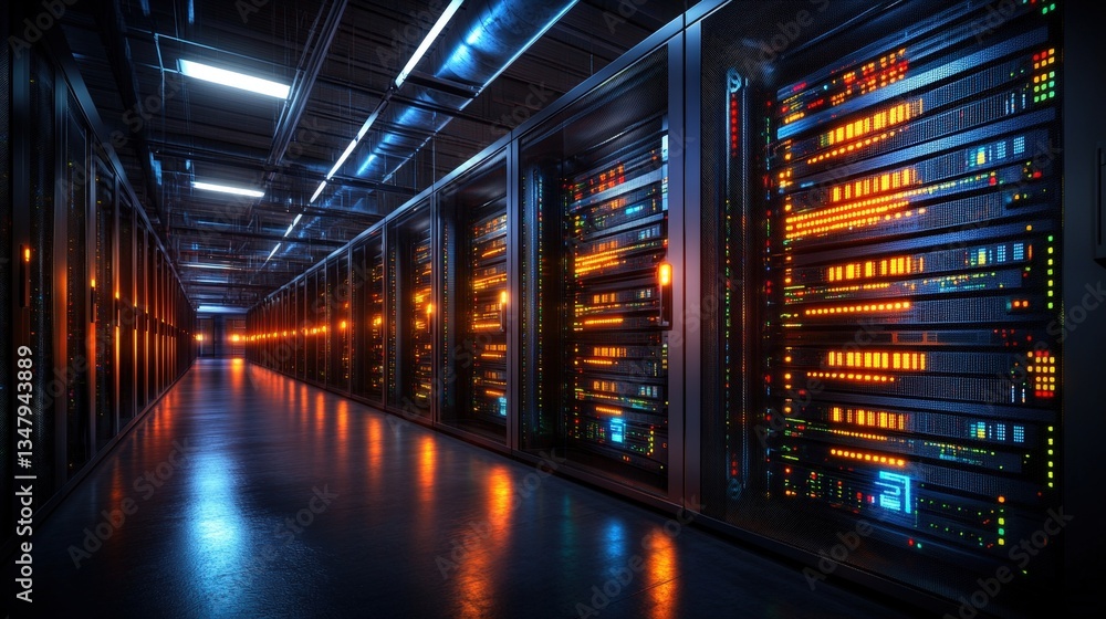 Poster a long corridor in a server room with rows of brightly lit dark server racks reflecting in the gloss