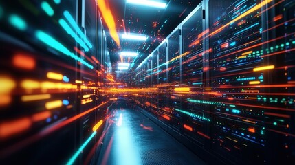 Obraz premium Vibrant Stylized Server Room with Dynamic Data Flow and Illuminated Light Streaks Creating a Futuristic Tech Atmosphere in a Modern Design Setting