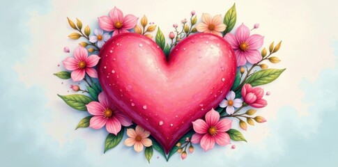Delicate hand-drawn heart surrounded by vibrant flowers and leaves in soft pastel colors, bouquet, watercolor, blossoms