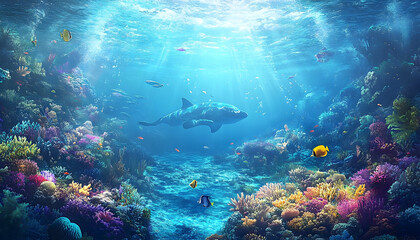 Vibrant underwater ecosystem teeming with marine life and colorful coral reef