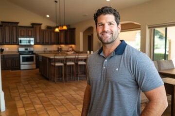 Fototapeta premium Friendly Man Posing in Modern Kitchen with Natural Lighting