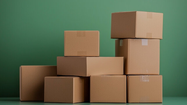 A stack of brown cardboard boxes against a green background, showcasing various sizes and arrangements.