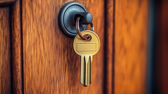 Gold key in wooden door lock