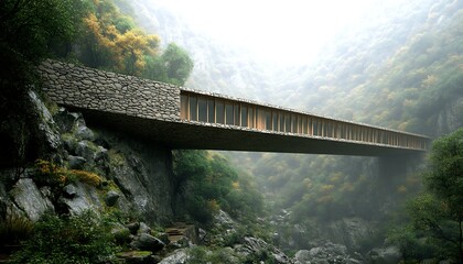 Fototapeta premium Stone bridge in a canyon with lush forest and mist