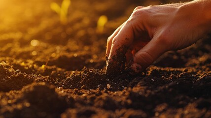 Close-up macro shot of hands planting seeds into rich, dark soil under natural sunlight, capturing growth, nurturing, and the beginning of new life in a vibrant farming scene.
