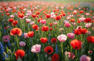 Fototapeta premium Aerial view field blooming red, pink poppies. Beautiful summer floral meadow landscape. Wildflowers in full bloom. Nature background, vibrant colors. Sunny day, plants, flora, botanical, garden,