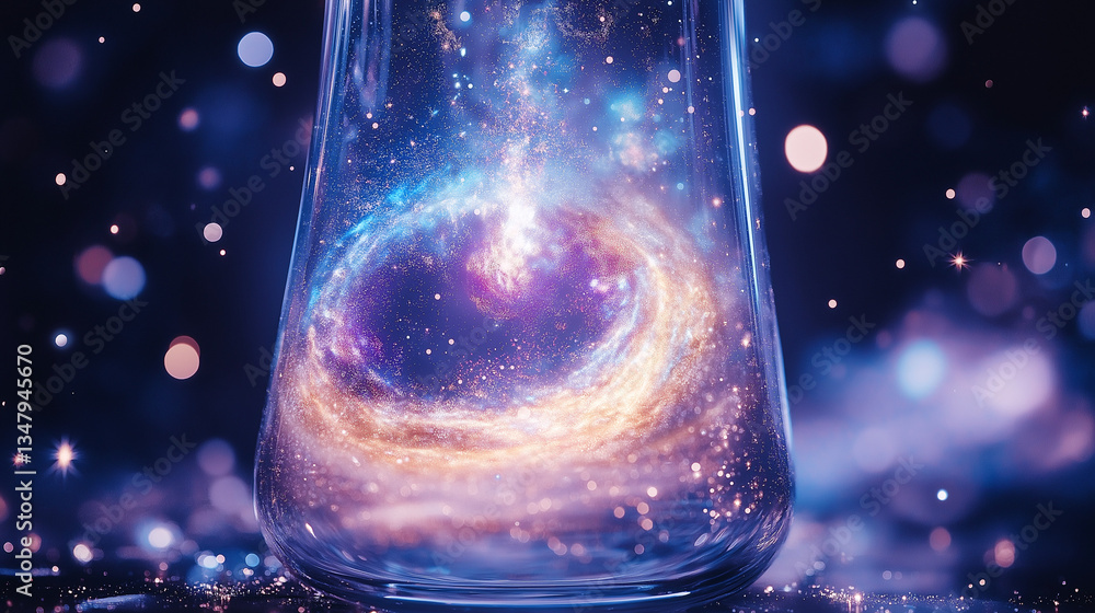 Poster universe in a flask: a captivating image of a cosmos swirling within a laboratory flask, highlightin