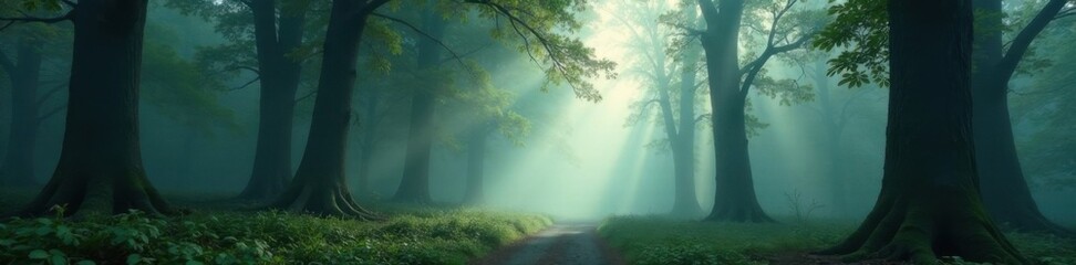 Dense forest fog softly wraps ancient tree trunks, mist, rustic