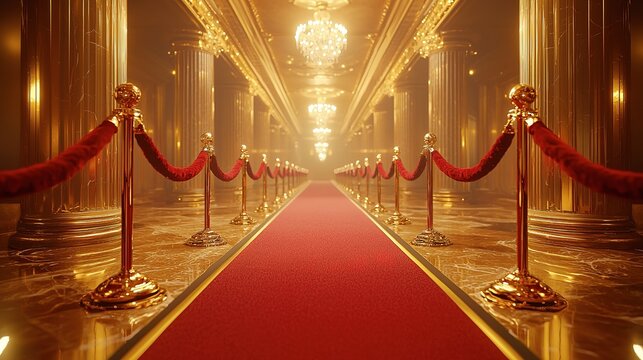 A golden hallway adorned with a red carpet and stanchions