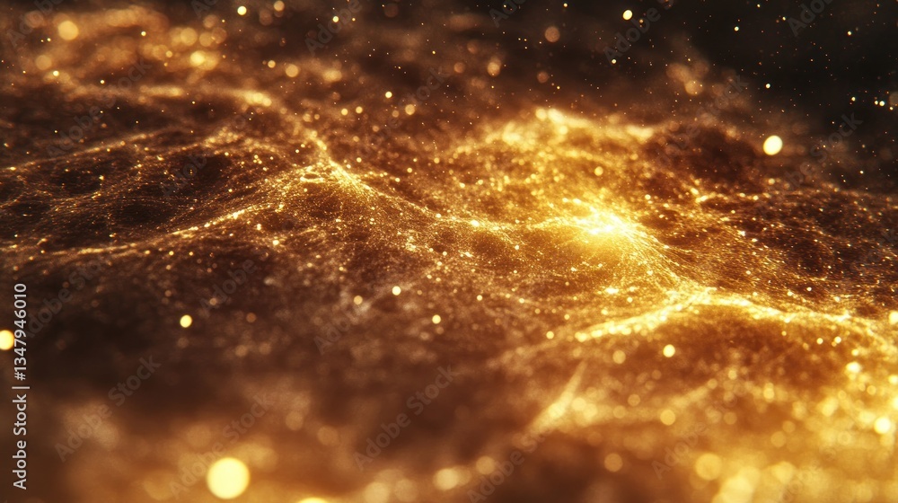 Poster golden cosmic dust swirling in space. complex patterns of light and texture
