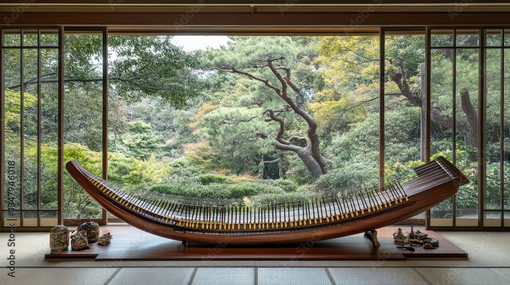 Poster a koto resting on a tatami floor, its strings meticulously arranged for play.