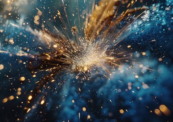 Fototapeta premium Abstract burst of golden sparks on a blue background.