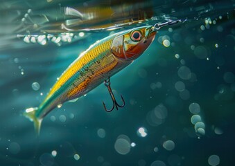 Vibrant fishing lure submerged in sparkling water.