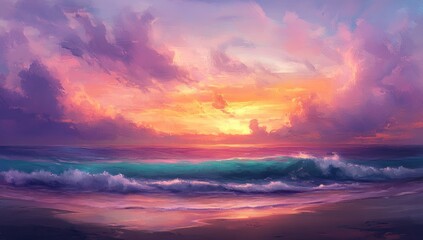 Fototapeta premium Colorful sunset seascape, waves crashing on beach