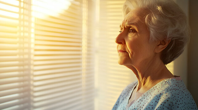 Reflective Senior Woman Gazing Through Vertical Blinds with Soft Morning Light Streaming In