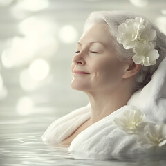 Serene Portrait of a Relaxed Woman in Spa Setting Surrounded by Water and Flowers for Holistic Wellness and Self-Care