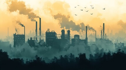 Obraz premium Industrial pollution crisis urban landscape digital art smoky atmosphere wide angle environmental awareness
