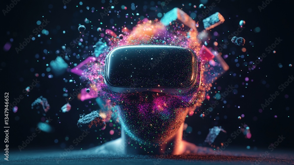 Poster a person in a vr headset surrounded by colorful particles and geometric shapes, representing digital